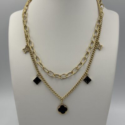 Naszyjnik stalowy złoty z czarną koniczyną